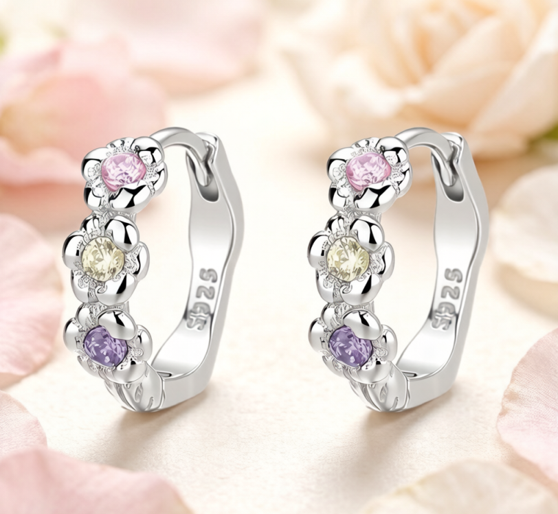 925 Sterling Silver Earrings – Cute 3-Color Flower Ball Huggie Hoop Earrings for Women and Girls